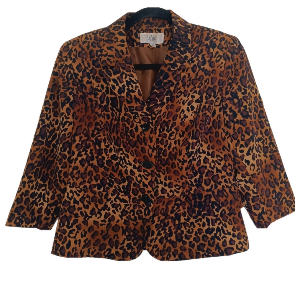 Le Suit Blazer Women's Size 10 Petite Leopard Print‎ Jacket Polyester Lined